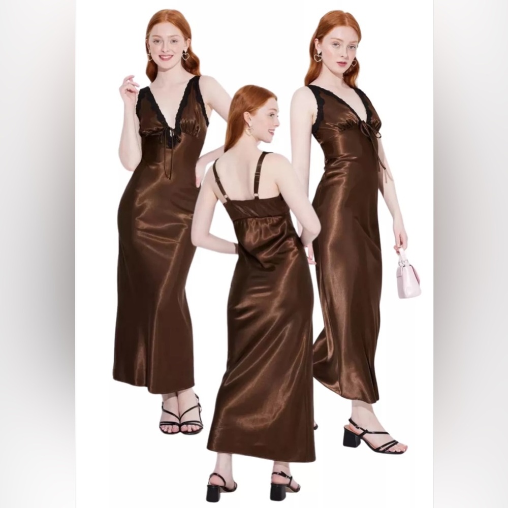 Wild Fable Brown Satin and Black Lace Nightgown Size Medium